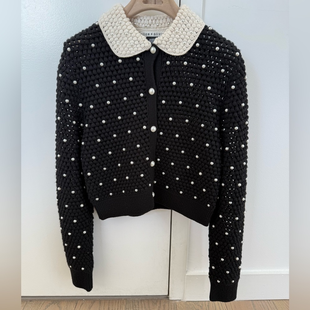 Alice + Olivia Black Pearl Crocheted Cardigan